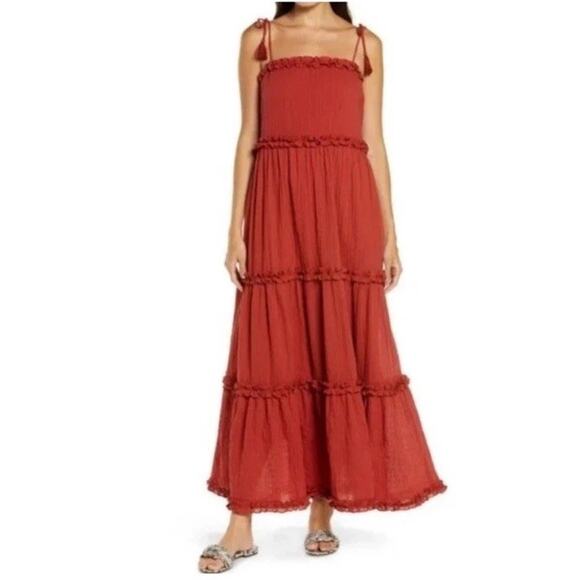Tory Burch Ruffle Tie Shoulder Maxi Dress Size Large in Ashberry Orange Red EUC - Picture 1 of 12